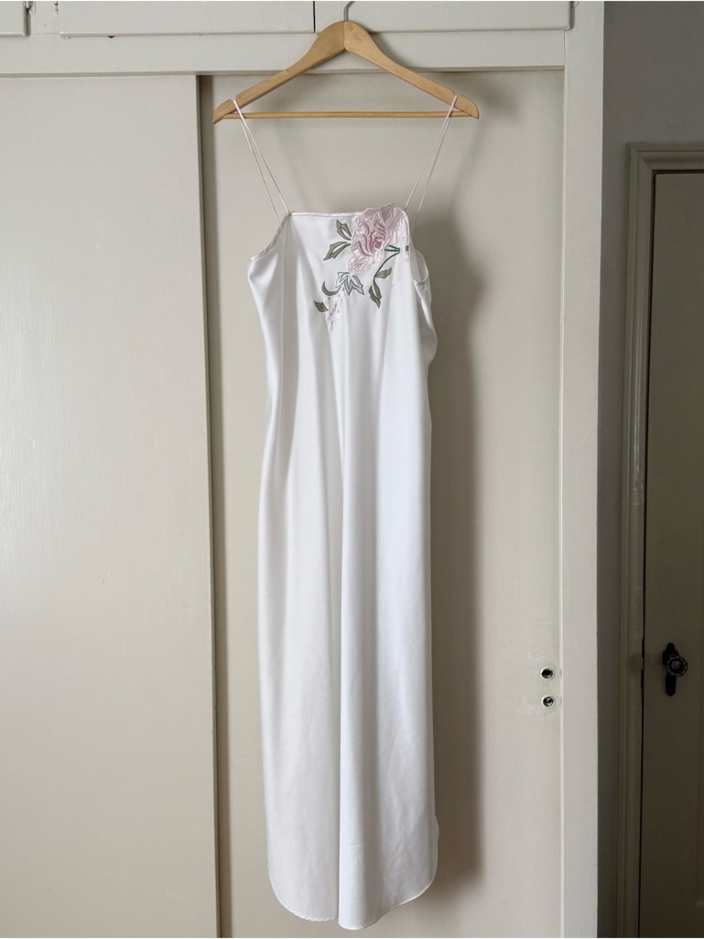 Vintage White Natori Slip Dress with Pink Floral Embroidery
